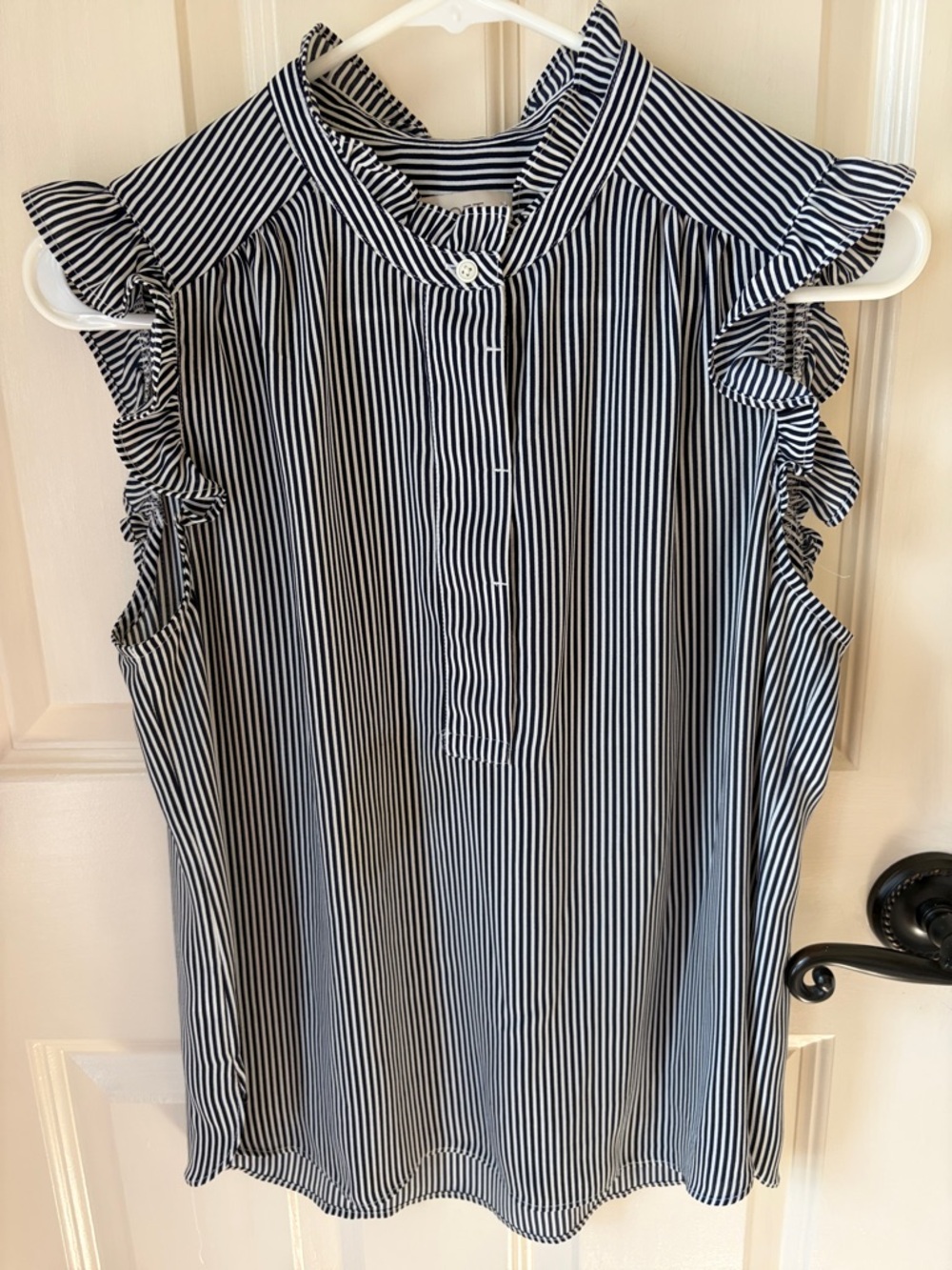 LOFT Navy and White Vertical Stripe Ruffle Sleeve Blouse size MP